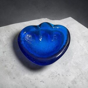 Blenko Cobalt Blue amoeba Glass ashtray Dish Catchall Bowl Hand Blown